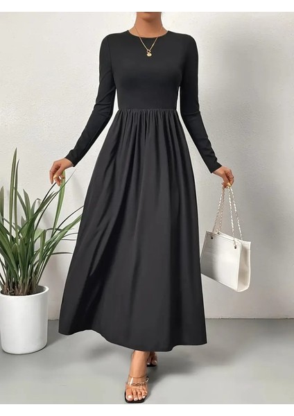 Mottisfashion Kadın Uzun Kollu Bisiklet Yaka Uzun Üst Viskon Alt Trikoton Elbise