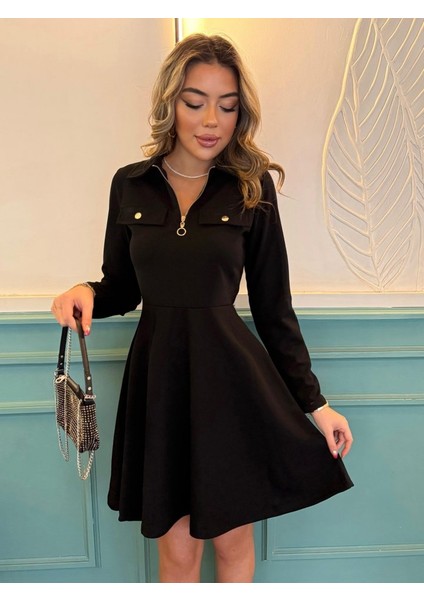 Mottisfashion Kadın Uzun Kollu Yakalı Fermuarlı ve Cepli Kısa Ithal Krep Kısa Elbise