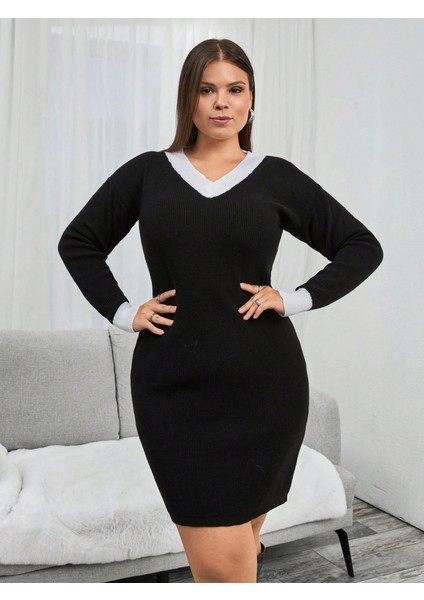 Mottisfashion Kadın Uzun Kollu V Yakalı Kısa Triko Elbise