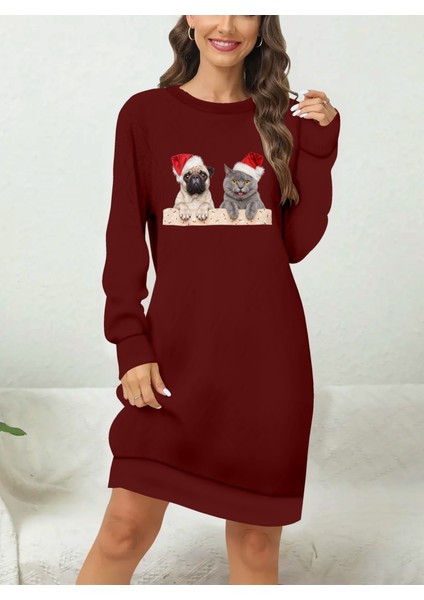 Mottisfashion Kadın Uzun Kollu Bisiklet Yaka Desenli Viskon Iki Iplik Elbise indirimleri