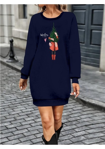 Mottisfashion Kadın Uzun Kollu Bisiklet Yaka Desenli Kısa Viskon Iki Iplik Elbise
