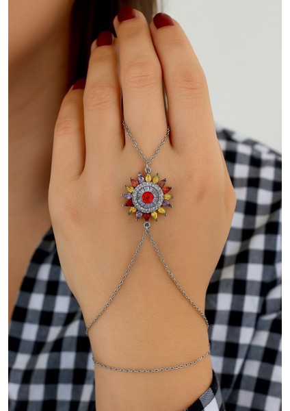 Gümüş Renk Yuvarlak Güneş Mix Damla Taş Çelik Şahmeran - 3508