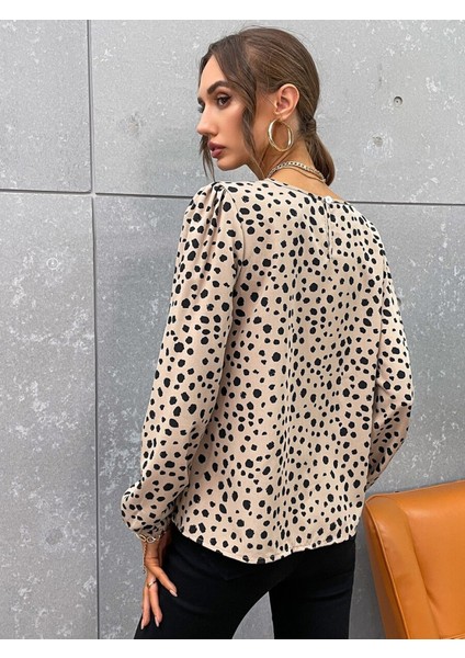 Mottisfashion Kadın Uzun Kollu Bisiklet Yaka Desenli Bluz