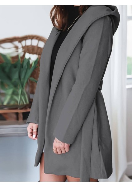 Mottisfashion Kadın Uzun Kollu Belden Kuşaklı Kapşonlu Kısa Kaşe Kaban fiyatları