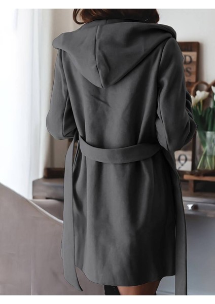 Mottisfashion Kadın Uzun Kollu Belden Kuşaklı Kapşonlu Kısa Kaşe Kaban fırsatları