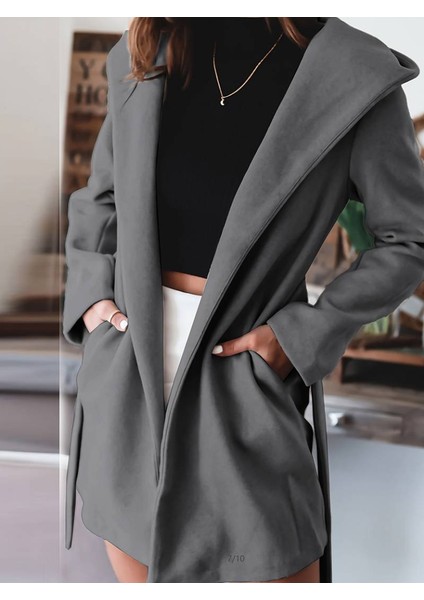 Mottisfashion Kadın Uzun Kollu Belden Kuşaklı Kapşonlu Kısa Kaşe Kaban