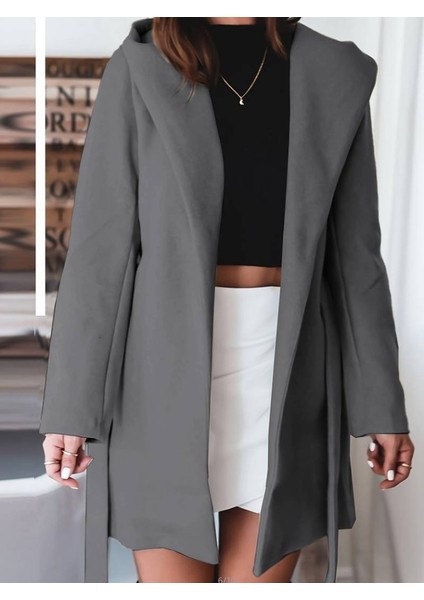 Mottisfashion Kadın Uzun Kollu Belden Kuşaklı Kapşonlu Kısa Kaşe Kaban