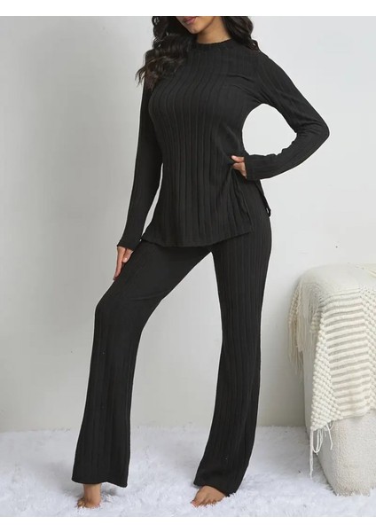 Mottisfashion Kadın Uzun Kollu Şardonlu Üst Uzun Yanları Yırtmaçlı Alt Ispanyol Kaşkorse Ikili Takım
