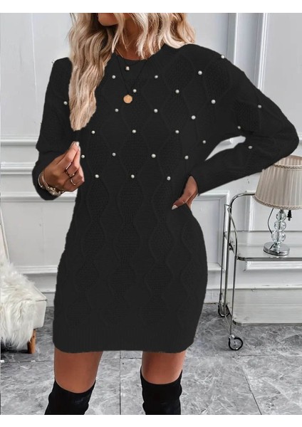 Mottisfashion Kadın Uzun Kollu Bisiklet Yaka Desenli Triko Elbise