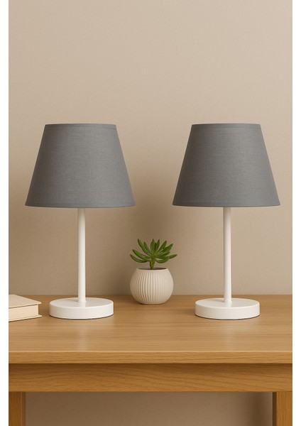 Antrasit Modern Ikili Yatak Odası Abajur Beyaz Ayaklı Masa Lambası