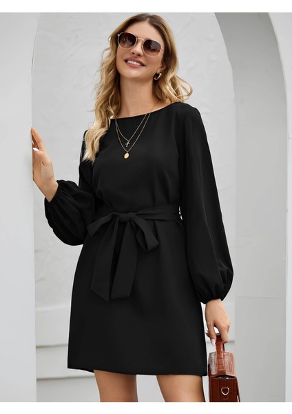 Mottisfashion Kadın Uzun Kollu Kayık Yaka Belden Kuşaklı Kısa Ithal Krep Elbise