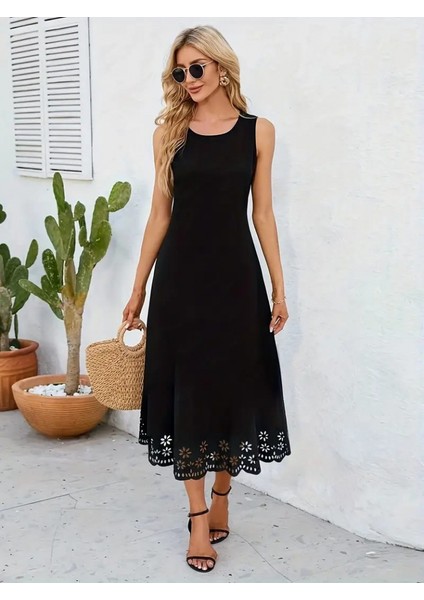 Mottisfashion Kadın Kolsuz Etek Ucu Lazer Kesim Çiçek Desenli Midi Boy Janjan Krep Elbise