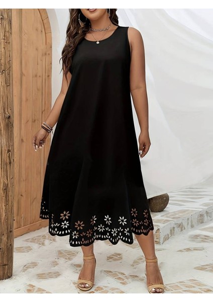 Mottisfashion Kadın Kolsuz Etek Ucu Lazer Kesim Çiçek Desenli Midi Boy Janjan Krep Elbise