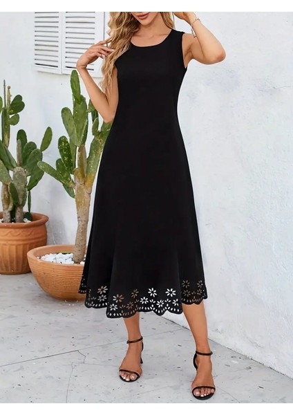 Mottisfashion Kadın Kolsuz Etek Ucu Lazer Kesim Çiçek Desenli Midi Boy Janjan Krep Elbise