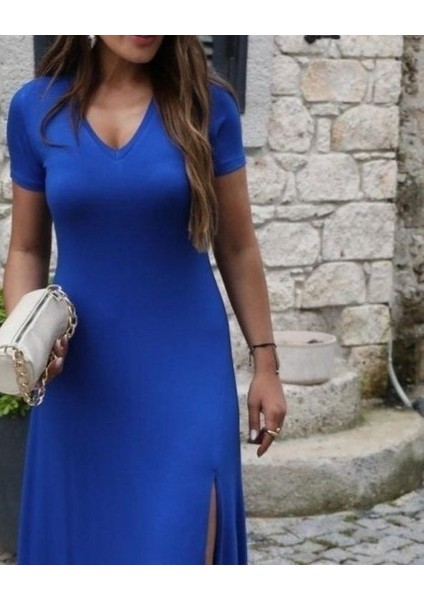 Mottisfashion Kadın Kısa Kollu V Yaka Maxi Boy Elbise 124 cm modelleri