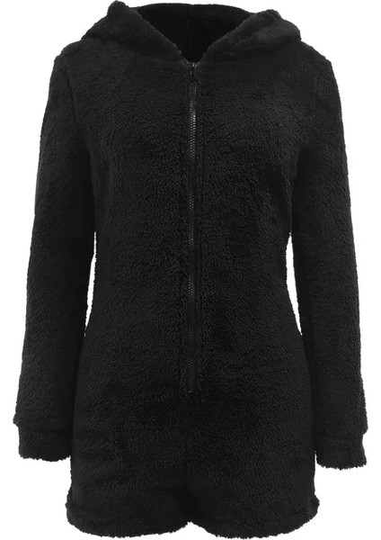 Mottisfashion Kadın Uzun Kollu Kapişon ve Fermuar Detaylı Peluş Şort Tulum indirimleri
