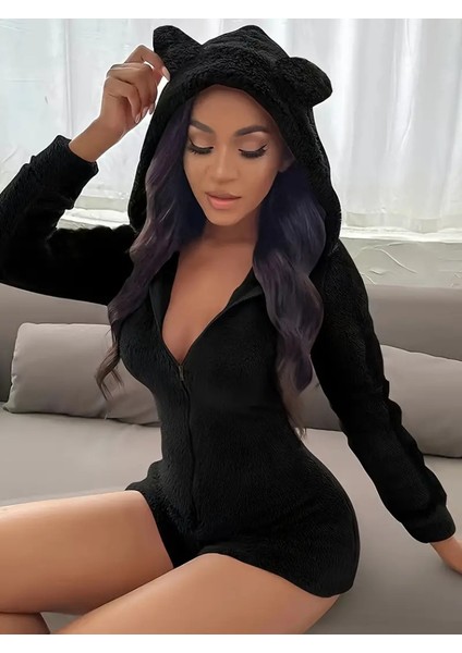 Mottisfashion Kadın Uzun Kollu Kapişon ve Fermuar Detaylı Peluş Şort Tulum