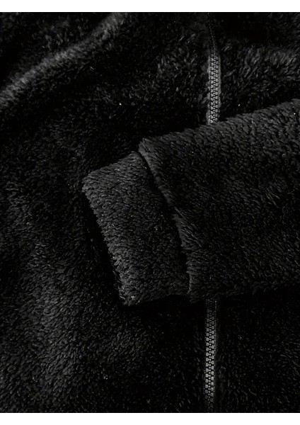 Mottisfashion Kadın Uzun Kollu Kapişon ve Fermuar Detaylı Peluş Şort Tulum