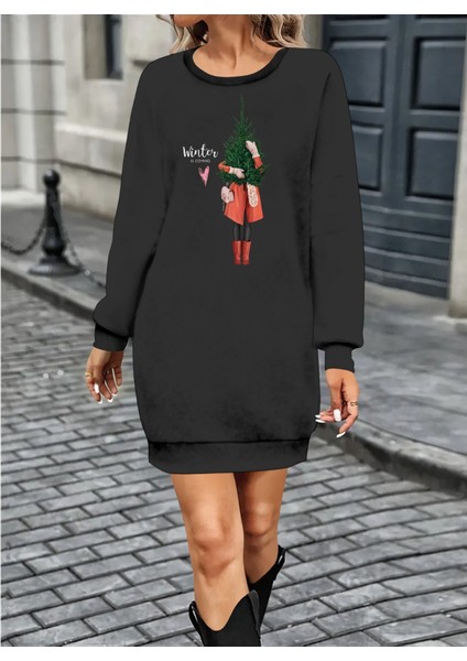 Mottisfashion Kadın Uzun Kollu Bisiklet Yaka Desenli Kısa Viskon Iki Iplik Elbise