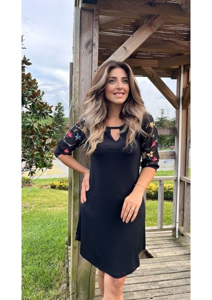 Mottisfashion Kadın Fakir Kol Bisiklet Yaka Çiçek Desen Sandy Salaş Kısa Elbise