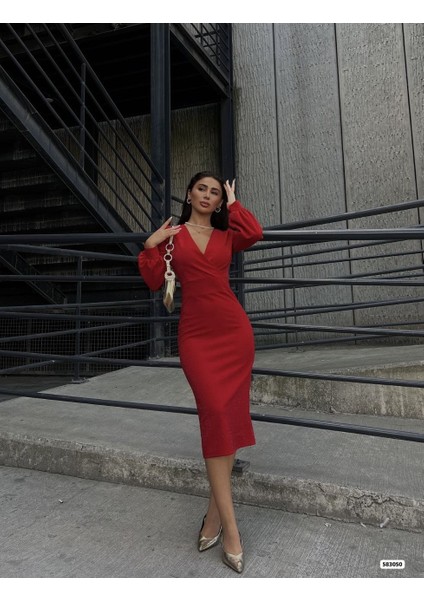 Mottisfashion Kadın Kruvaze Yaka Balon Kol Simli Krep Kumaş Midi Boy Elbise