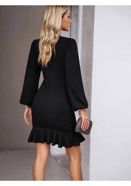 Mottisfashion Kadın Uzun Kollu Bisiklet Yaka Önden Volanlı Ithal Krep Elbise indirimleri