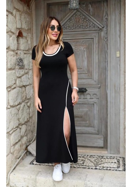 Mottisfashion Kadın Yuvarlak Ribana Yaka Beyaz Yırtmaç Detaylı Viskon Tam Boy Elbise