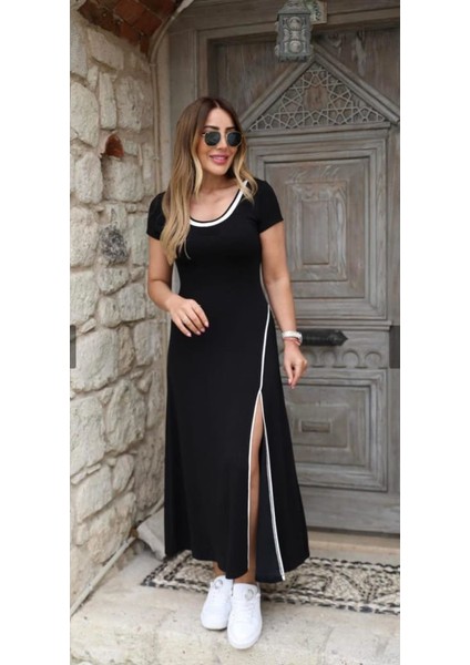 Mottisfashion Kadın Yuvarlak Ribana Yaka Beyaz Yırtmaç Detaylı Viskon Tam Boy Elbise fiyatları