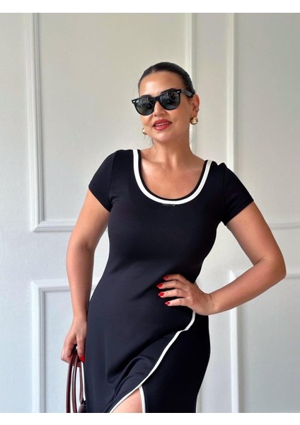 Mottisfashion Kadın Yuvarlak Ribana Yaka Beyaz Yırtmaç Detaylı Viskon Tam Boy Elbise