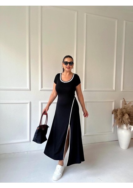 Mottisfashion Kadın Yuvarlak Ribana Yaka Beyaz Yırtmaç Detaylı Viskon Tam Boy Elbise