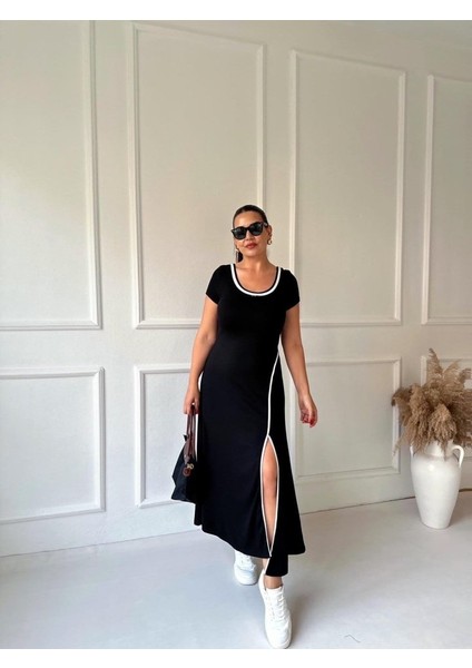 Mottisfashion Kadın Yuvarlak Ribana Yaka Beyaz Yırtmaç Detaylı Viskon Tam Boy Elbise