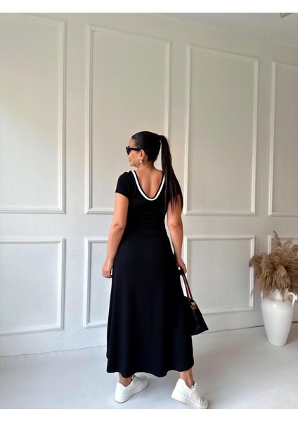 Mottisfashion Kadın Yuvarlak Ribana Yaka Beyaz Yırtmaç Detaylı Viskon Tam Boy Elbise