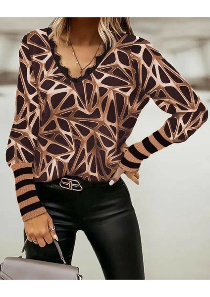 Mottisfashion Kadın Uzun Kollu V Yaka Kenarları Güpür Detay Şardonlu Dalgıç Bluz