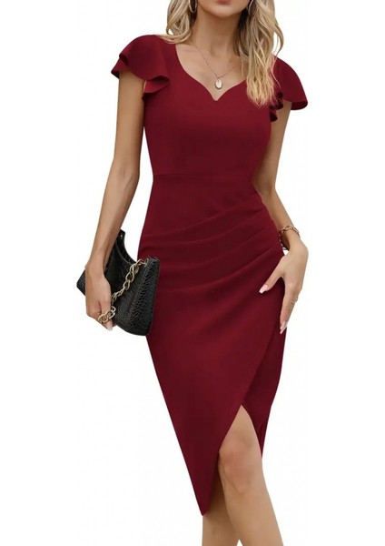 Mottisfashion Qkadın Kısa Kollu Kalp Yaka Yanlardan Büzgü Detay Midi Janjan Krep Elbise indirimleri