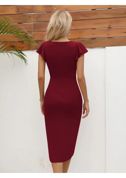 Mottisfashion Qkadın Kısa Kollu Kalp Yaka Yanlardan Büzgü Detay Midi Janjan Krep Elbise