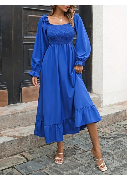 Mottisfashion Kadın Uzun Kollu Kare Yakalı Gipeli Uzun Trikoton Elbise fiyatları