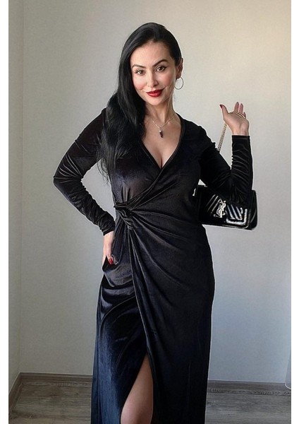 Mottisfashion Kadın Uzun Kollu Kruvaze Yaka Yırtmaçlı Kadife Elbise modelleri