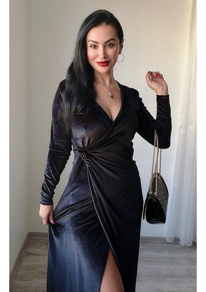 Mottisfashion Kadın Uzun Kollu Kruvaze Yaka Yırtmaçlı Kadife Elbise fırsatları