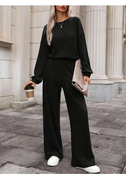Mottisfashion Kadın Uzun Kollu Bisiklet Yaka Şardonlu Dalgıç Bluz ve Pantolon Ikili Takım