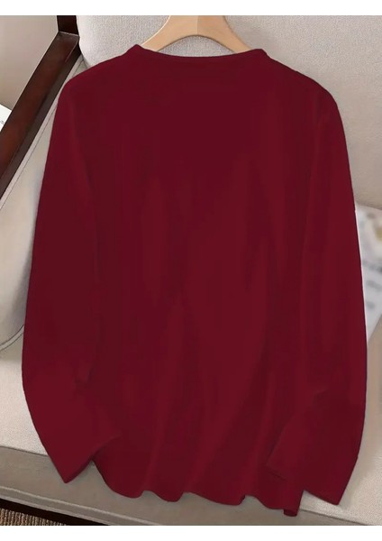 Mottisfashion Kadın Uzun Kollu Bisiklet Yaka Kalp Desenli Viskon Bluz