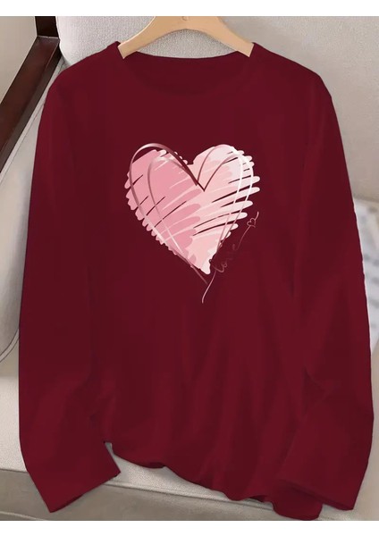 Mottisfashion Kadın Uzun Kollu Bisiklet Yaka Kalp Desenli Viskon Bluz