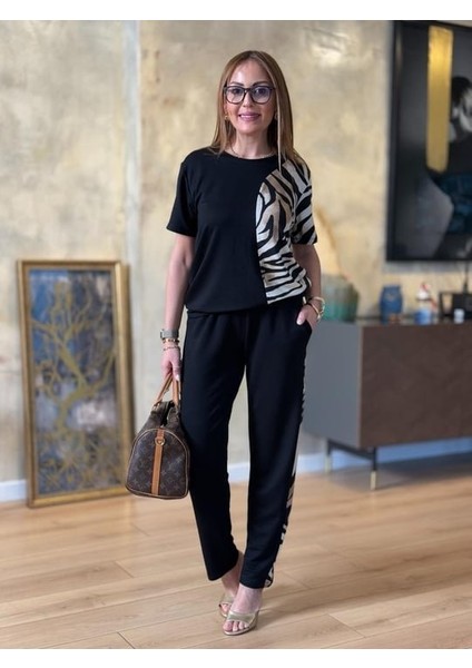 Mottisfashion Kadın Bisiklet Yaka Kısa Kol Leopar Desen Bluz ve Pantolon Ikili Takım