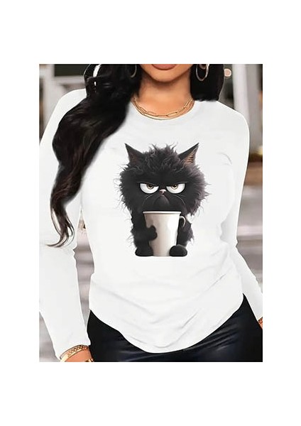 Mottisfashion Kadın Uzun Kollu Bisiklet Yaka Baskılı Viskon Bluz