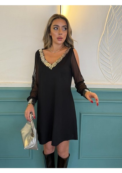 Mottisfashion Kadın Siyah Uzun Kollu Kollar Tül Yırtmaçlı V Yakalı Kısa Krep Elbise