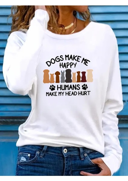 Mottisfashion Kadın Uzun Kollu Bisiklet Yaka Köpek Resimli Viskon Bluz
