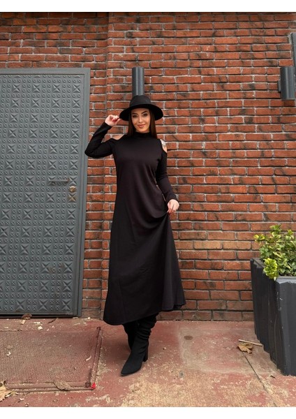Mottisfashion Kadın Balıkçı Yaka Omuzlardan Açık Uzun Kollu Janjan Krep Elbise