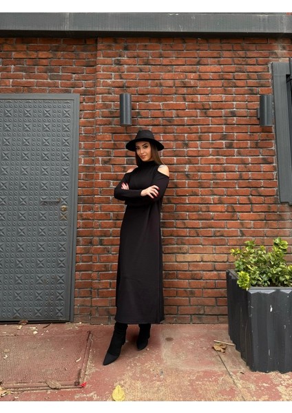 Mottisfashion Kadın Balıkçı Yaka Omuzlardan Açık Uzun Kollu Janjan Krep Elbise