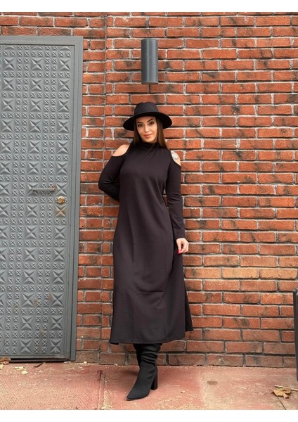 Mottisfashion Kadın Balıkçı Yaka Omuzlardan Açık Uzun Kollu Janjan Krep Elbise