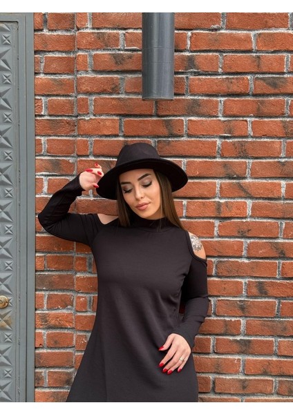 Mottisfashion Kadın Balıkçı Yaka Omuzlardan Açık Uzun Kollu Janjan Krep Elbise
