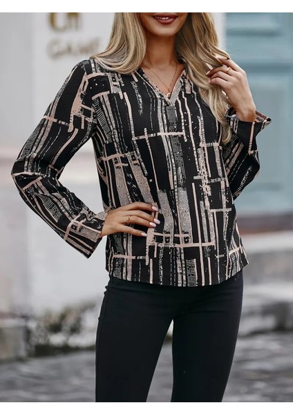 Mottisfashion Kadın Uzun Kollu V Yakalı Desenli Dalgıç Bluz